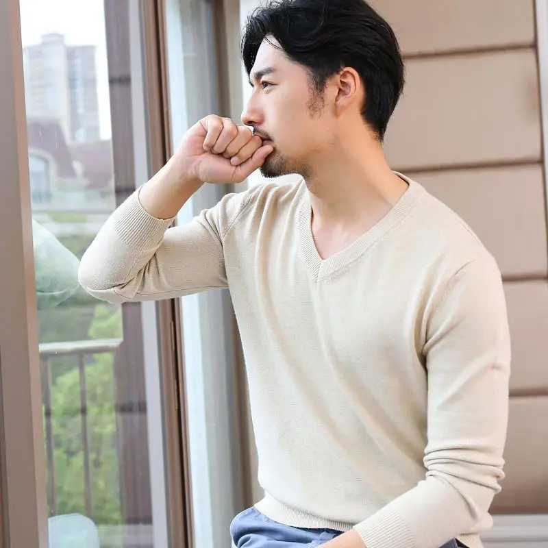 Man Clothes Pullovers Solid Color Knitted Sweaters for Men Beige No Hoodie Business Plain V Neck New in Sale Jumpers Maletry S X