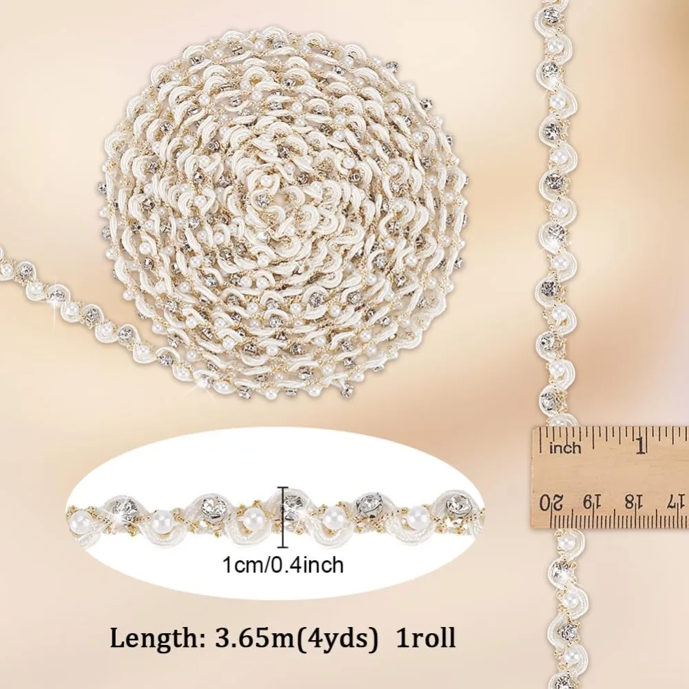 4 Yards Pearls Lace Ribbon 3/8 inch White Wavy Lace Ribbon Pearl Fringe Applique Rhinestone Lace Trim Fabric Gimp Braid Ribbon