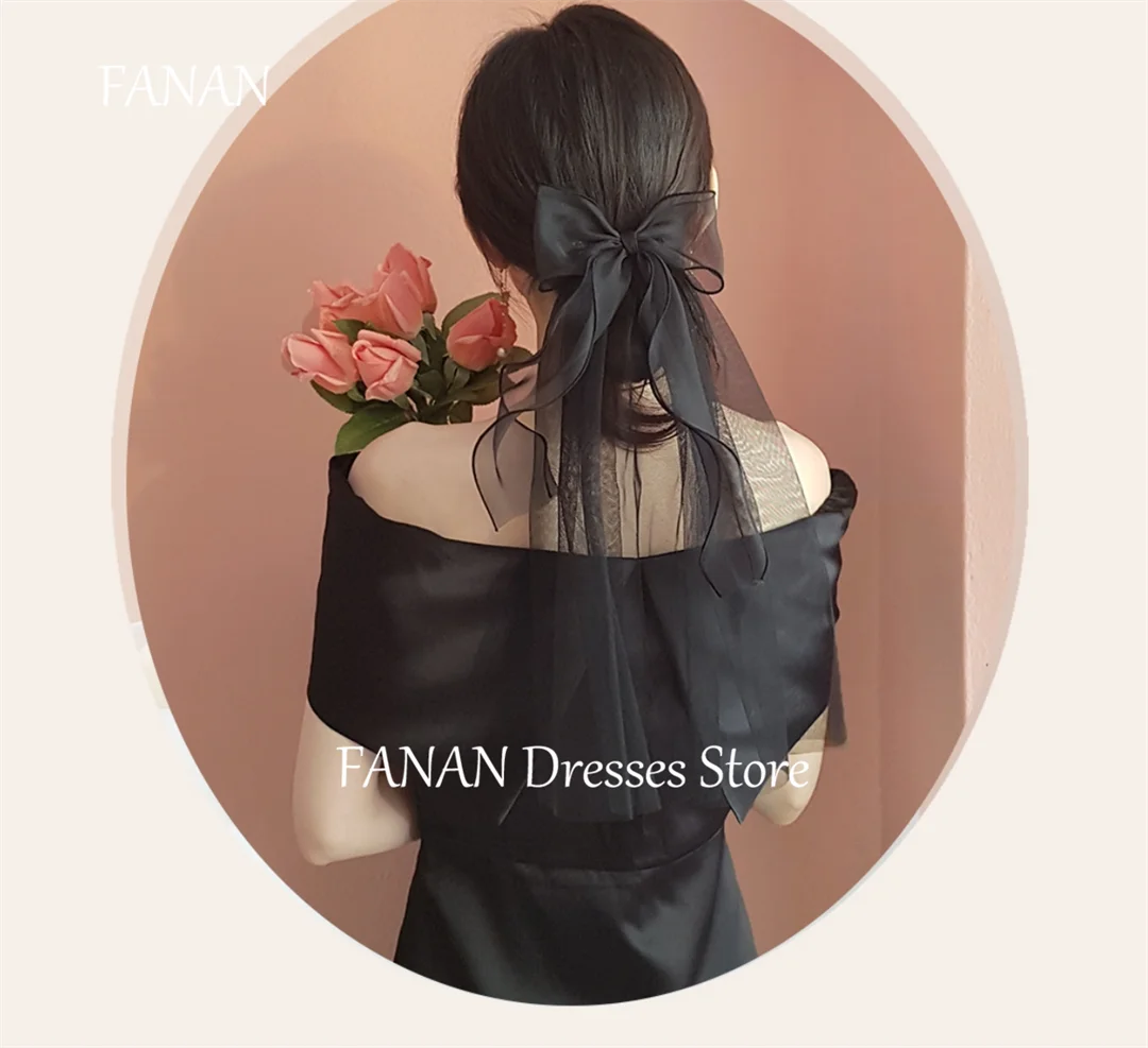 FANAN Off Shoulder Satin Short Sleeves Evening Party Dresses Customized Korea Black Wedding Women Formal Gowns Event Prom Gowns