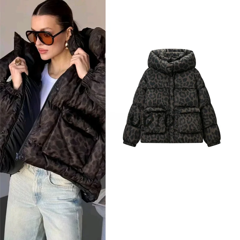

Loose Fit Long Sve Hooded Zipper Cotton Jaet Women's Winter New Arrival Animal Print Hand Placed Cotton Outerwear Coat