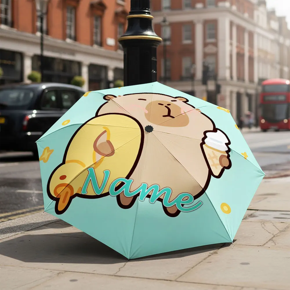 Custom Name Umbrella Cute Cartoon Capybara With Ice Cream And Rubber Duck Print Folding Umbrella Portable Travel Parasol