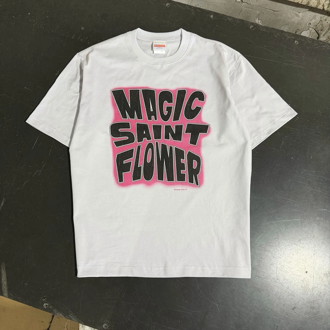Vintage White T-Shirt MAGIC SAINT FLOWER Distressed Letter Graphic Oversized Heavy Cotton Y2K Retro Streetwear Short Sleeve Tee