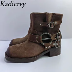 Suede Leather Short Boots Woman Rivets Metal Belt Buckle Punk Shoes Women Round Toe Motorcycle Boots Women Botas Mujer