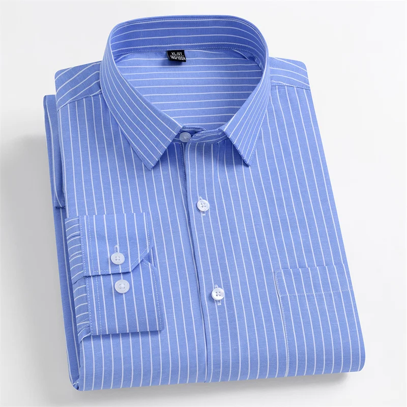 New Men Formal Shirt Long Sleeve Office Solid Color Striped Fashion Business Pocket White Social Shirt Men's Clothing 7XL 8XL