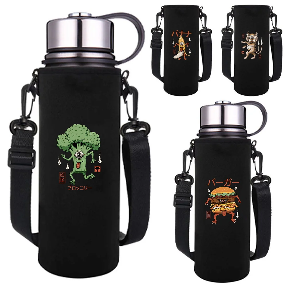 

550-1500MLInsulated Water Bottle Sleeve Bag Cover Adjustable Strap Cute MonsterPattern Water Cup Case Outdoor Travel Accessories