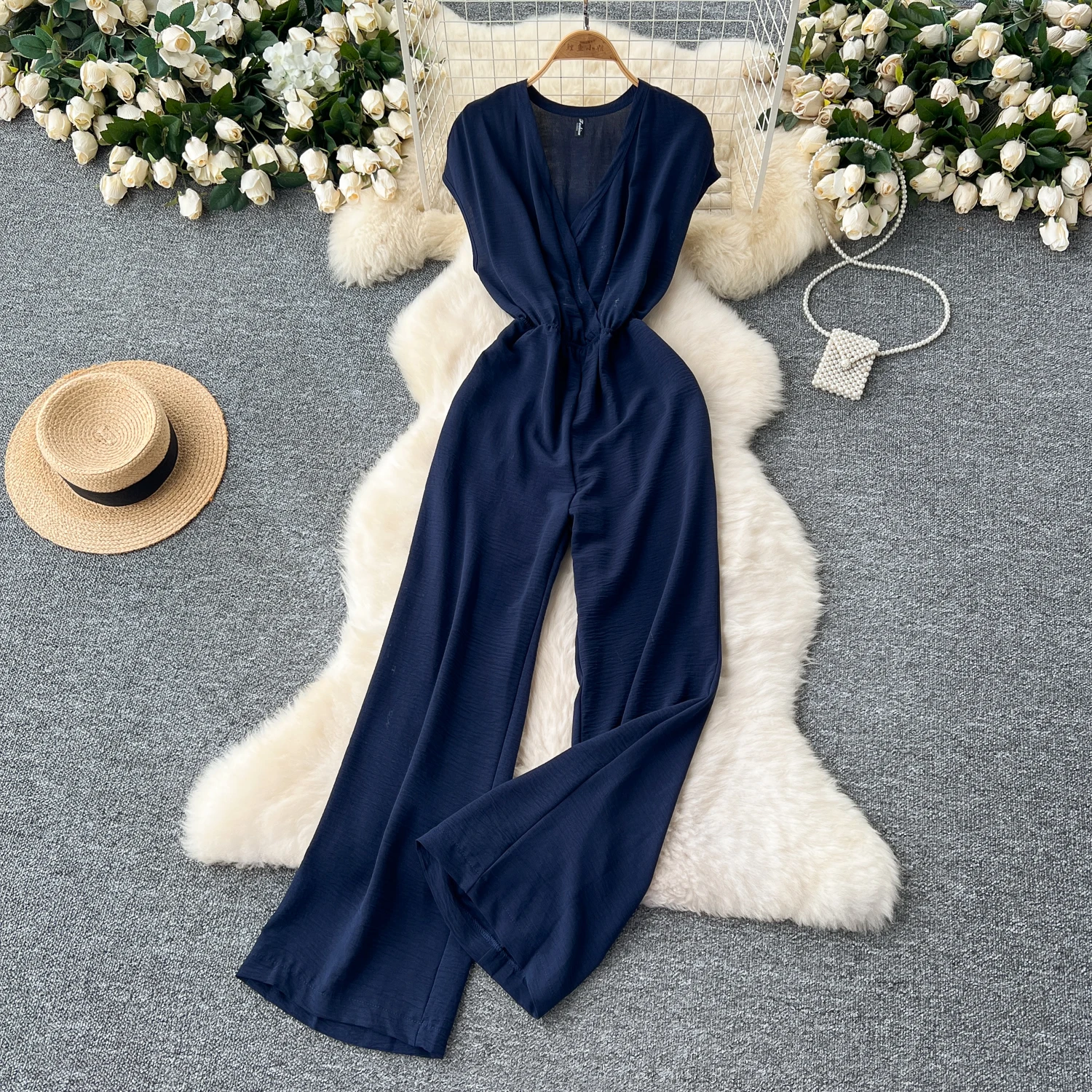 Chic Vintage v neck sleeveless print Top Jumpsuit loose Beach Elegant Casual Wide Leg Pants Summer Women Playsuit