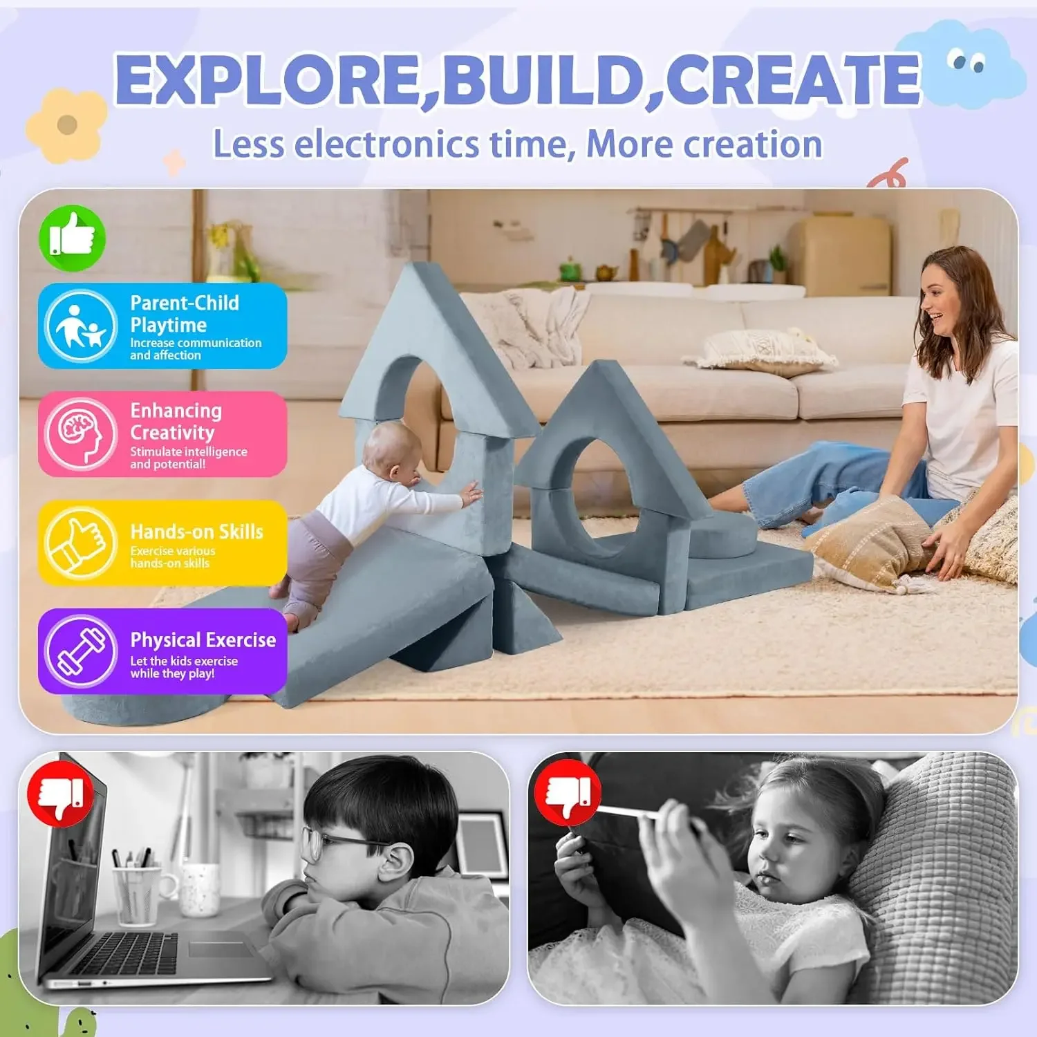 2024 New Modular Kids Play Couch, 12pcs Toddler Sofa Couch Building Fort, Versatile 300+DIY Creativing Playroom Bedroom Furnitur