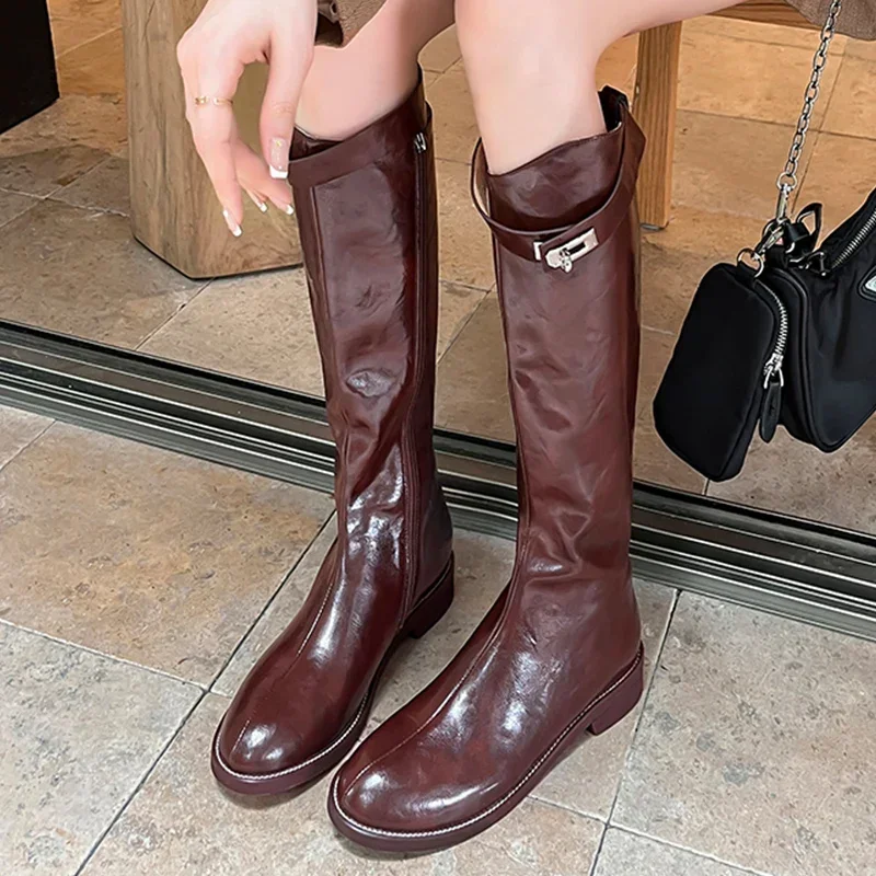 Yozcttaa Size 34-43 Women Knee Boots Soft Leather Ruched Thick Heel Shoes Fall Winter 2025 Ins Wide Calf Slip On Long Tall Boots