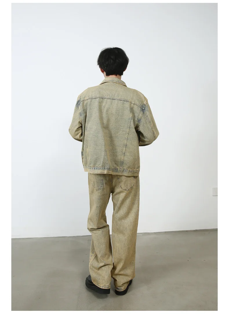 2025A/W Men's High Street Jacket-Vintage Washed Muddy Yellow Straight Leg Jeans,Retro Distressed Denim Coat,Urban Streetwear Set