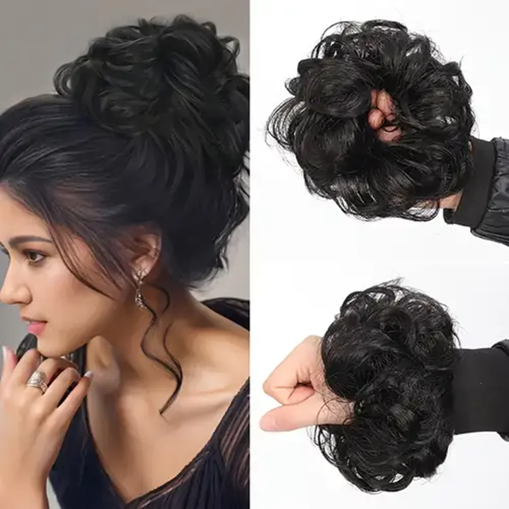 Messy Curly Hair Bun Synthetic Chignon Extension Donut Rubber Band Ombre Brown Black Blonde Blond Gold Hairpiece for Women Girls