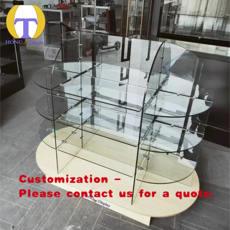 custom.Supermarket Retail Store Floor Standing Wooden Base Display Rack Frameless Round Glass Display Cabinet