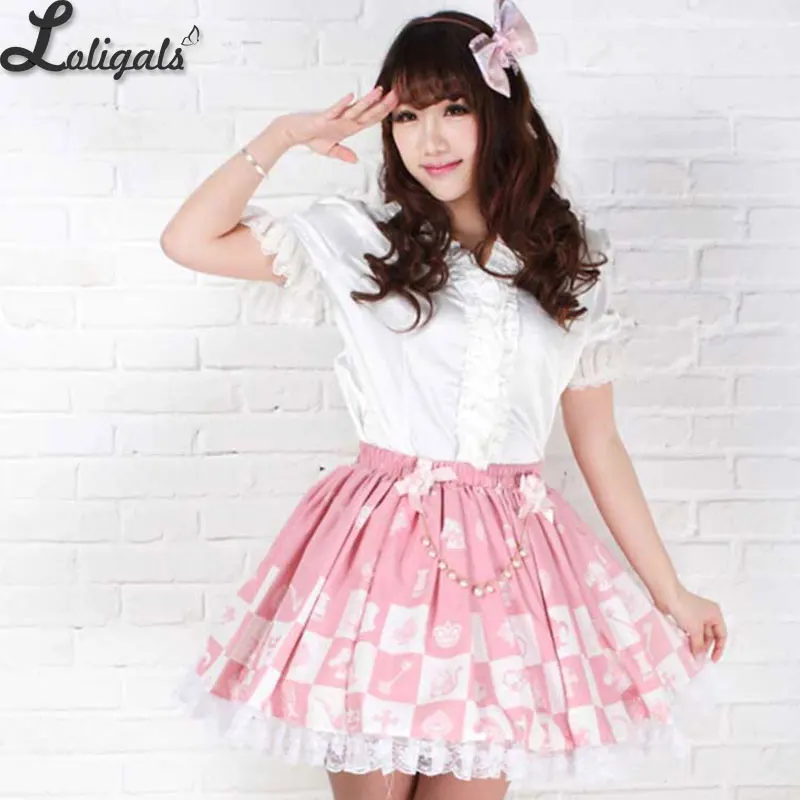 Pink Lolita Short Skirt Sweet Princess Alice Chess Grid Printed Pleated Japanese Style Kawaii Mini Skirt with Chain