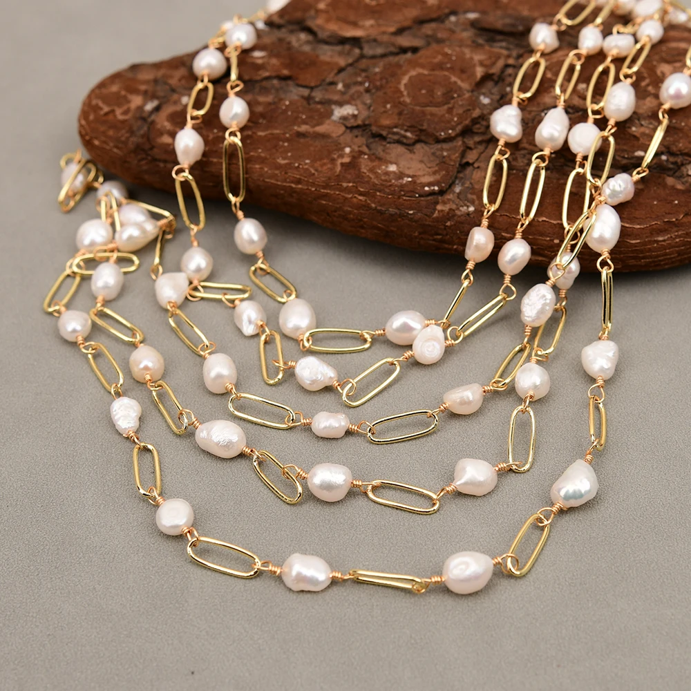 

APDGG 1 Meter Cultured White Keshi Pearl Gold Plated Fashion Chain DIY Jewelry making accessories