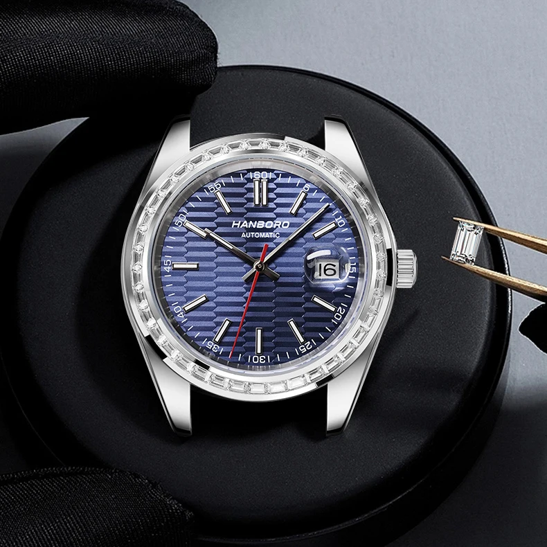 HANBORO Мужские роскошные часы 40 мм Автоматические механические наручные часы 50 м Водонепроницаемые светящиеся хрустальные безели Дата