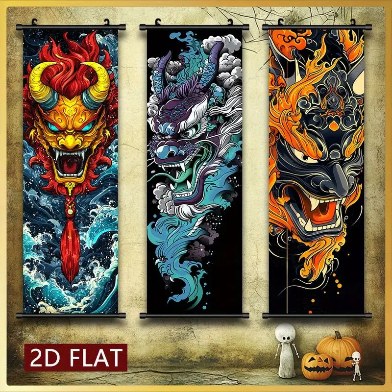 Dragon and Mythical Beast Scroll Tapestry, Vertical Wall Hanging with Eastern Mythological Totems, Home Decor Background