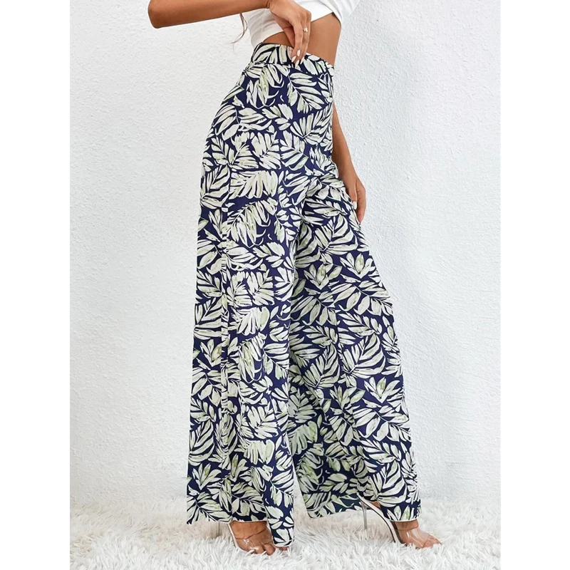 Summer Women's Stretchy Wide Leg Lounge Fragmented Flowers Printing Baggy Pants Casual Comfy High Waist Palazzo Chiffon Pants