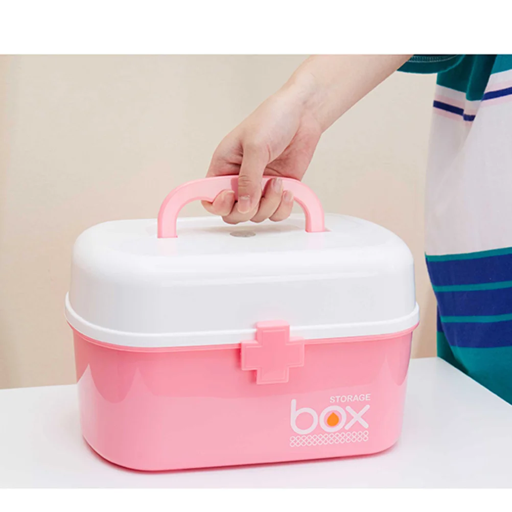 منظم تخزين أدوات الإسعافات الأولية العائلية مقاس L وردي متعدد الاستخدامات مع مقبض صينية قابل للإزالة