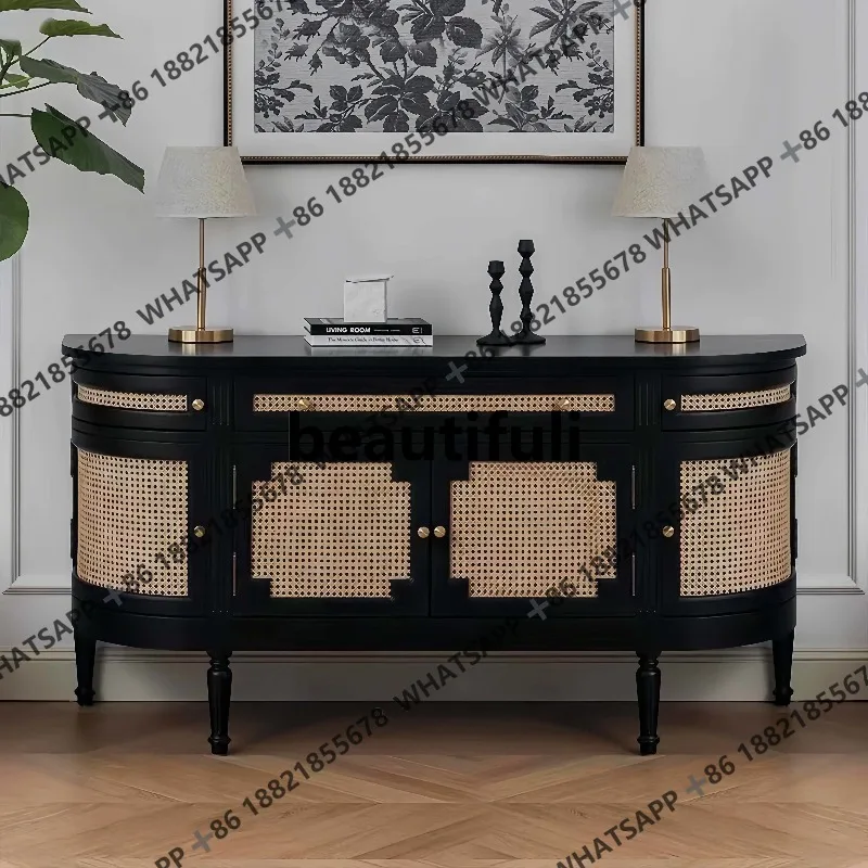 Light luxury rattan entrance black four-door storage cabinet Versatile vertical second-hand solid wood storage cabinet