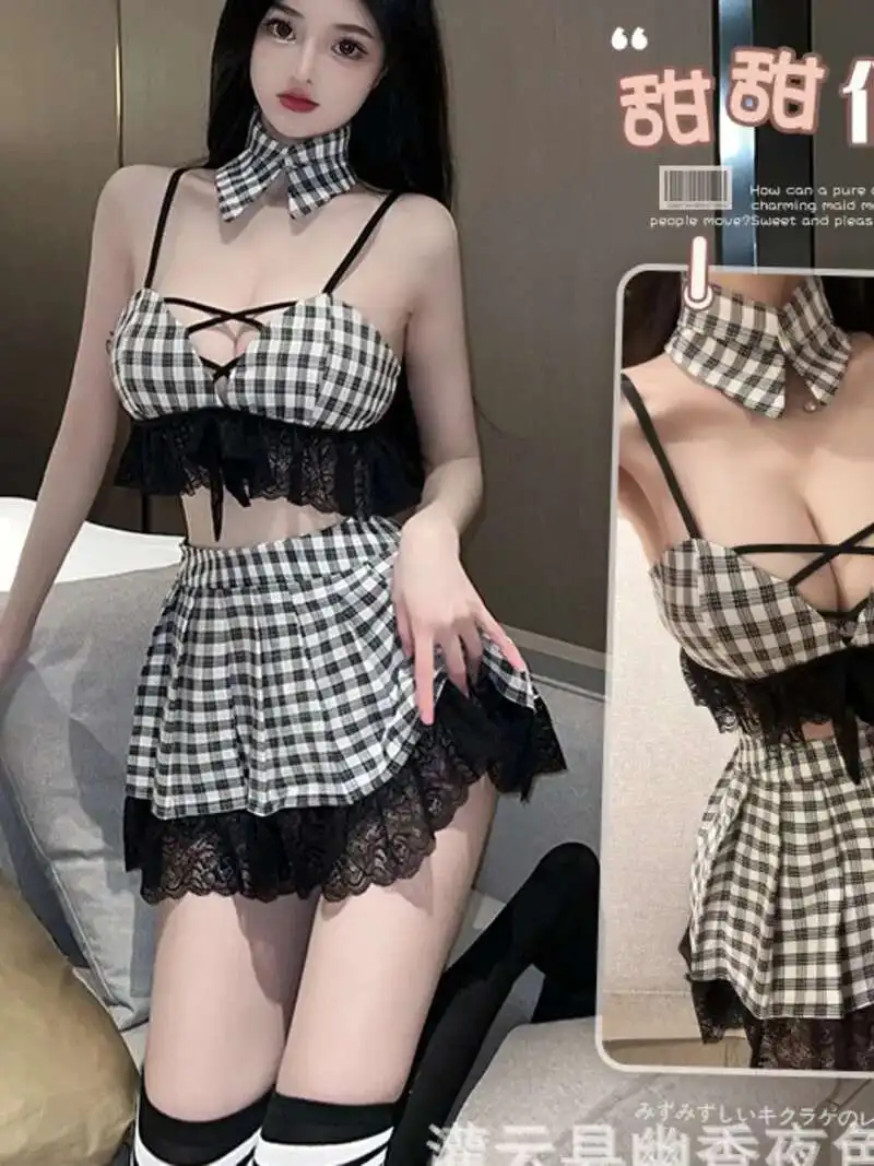 Plaid V Neck Tank Mini Dress Fashion Korean Female Sexy Uniform Seduction Passion Pure Student Dress Elegant Cosplay 1JDL