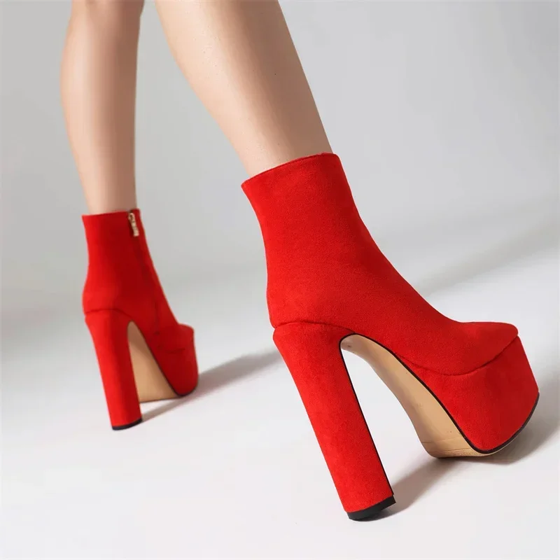 Elegant Mirror Gold Silver Platform Ankle Boots Women High Chunky Heel Red Black Party Office Lady Sexy Winter Pointed Toe Shoes