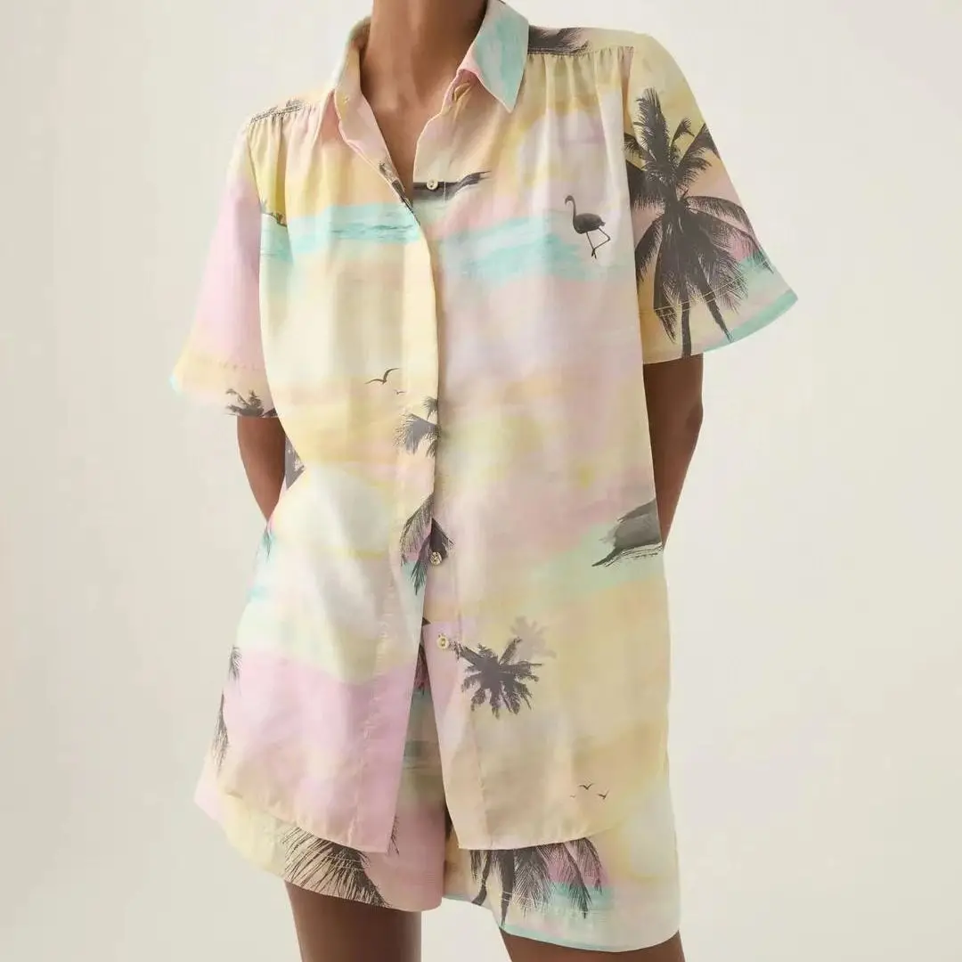 Women Beach Style Coconut Tree Print set Short Sleeve Loose Shirt Top + Elastic Waist Shorts