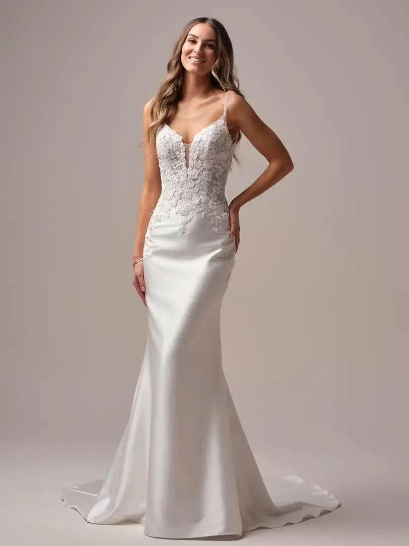 

Boho Satin Wedding Dress for Women Bride Lace Applique Mermaid Spaghetti Straps Bridal Gown with Button