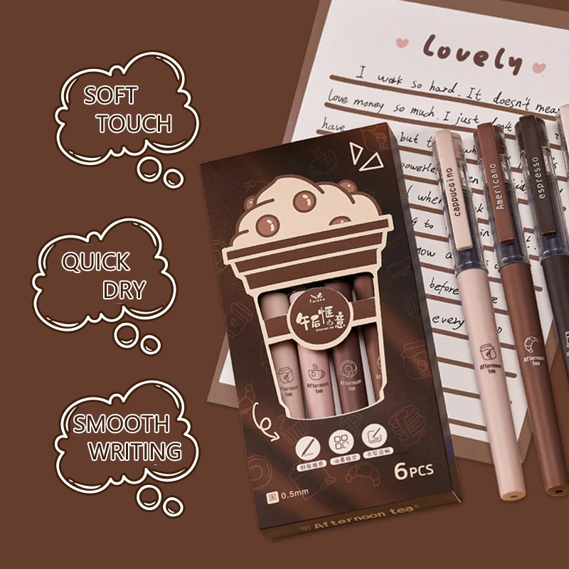 Pack of 6 Brown Gel Pens - 0.5mm Tip, Quick-drying Ink, Large Capacity, Suitable For Signature Writing