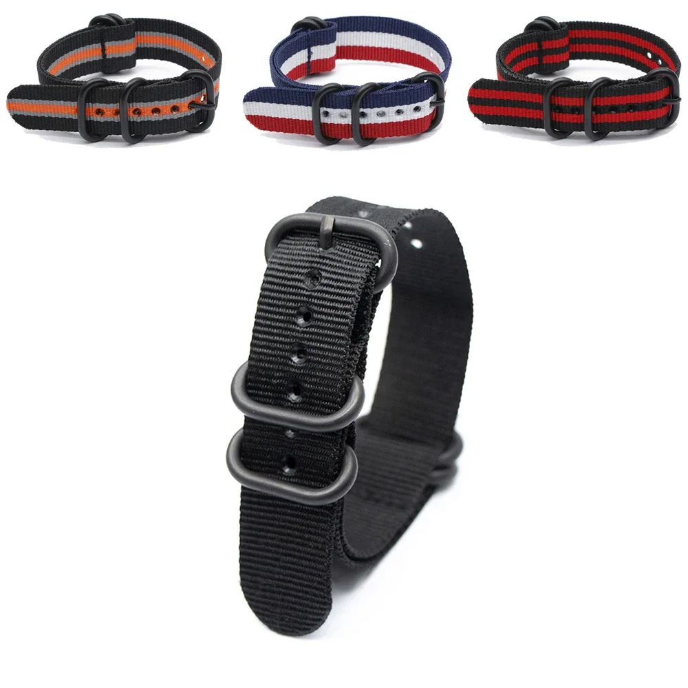 

3 Army Sports Wristband for Watch Strap Nylon Cloth Stripe Bracelet with Black Heavy Ring Buckle for 18mm 20mm 22mm 24mm