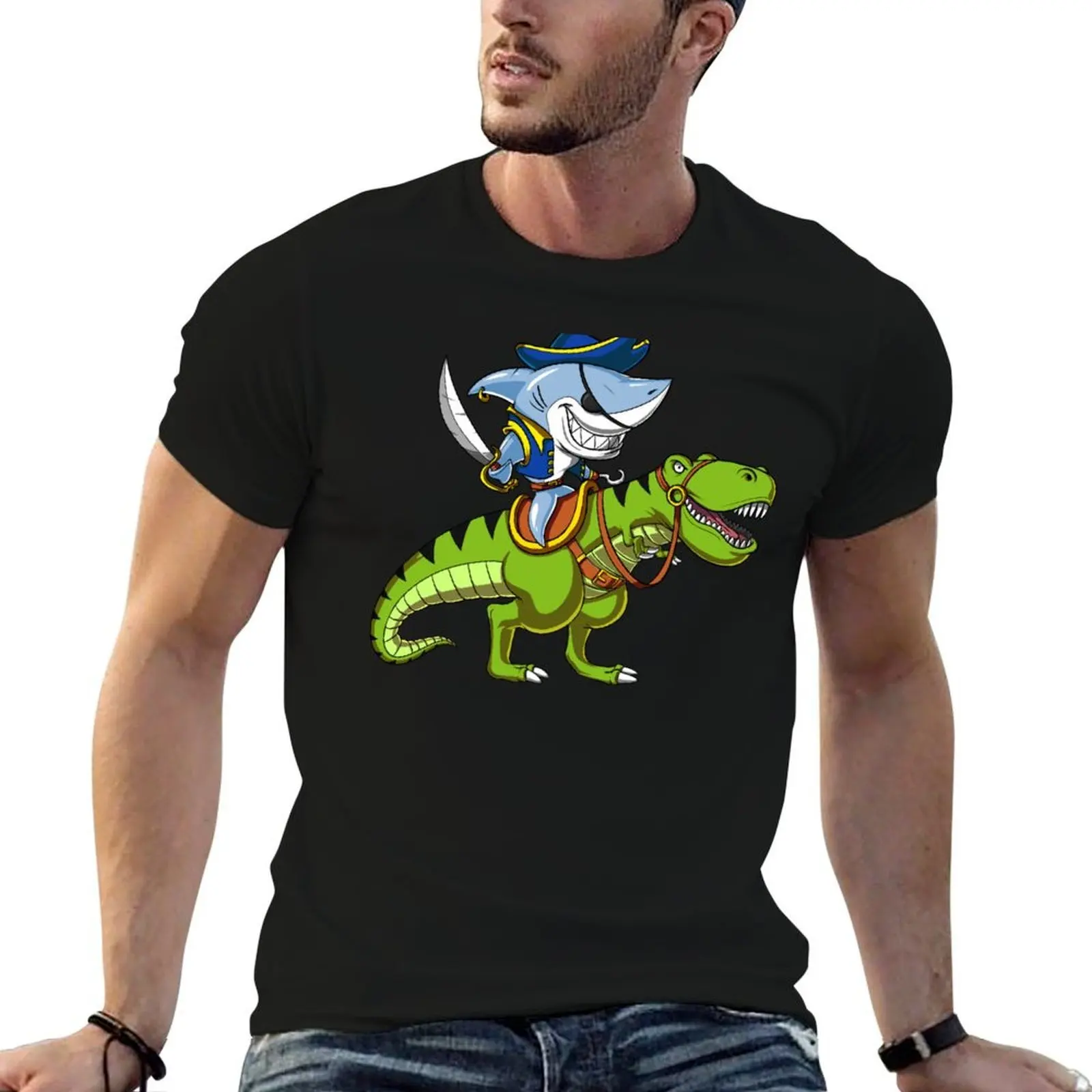 

Shark Pirate Riding T-Rex Dinosaur T-Shirt men t shirt cotton 100% t shirts cotton 100% T-Shirt