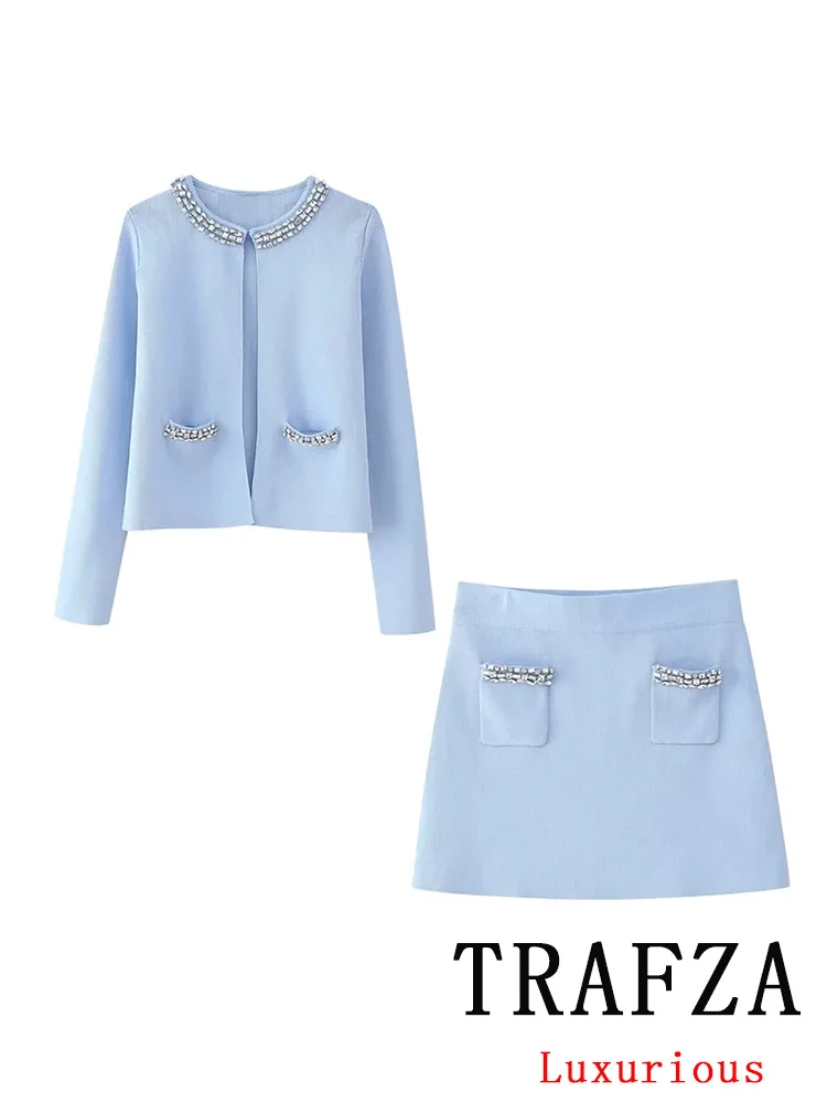 TRAFZA Vintage Casual Chic Women Blue Suit O-Neck Diamond Straight Cardigans+Sheath Mini Skirt Fashion 2024 Elegant Party Set