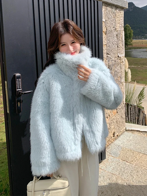 

Синяя куртка из овечьей шерсти для женщин, двусторонняя, теплая, хлопковая, с кожаными и меховыми вставками, повседневная, с длинными рукавами