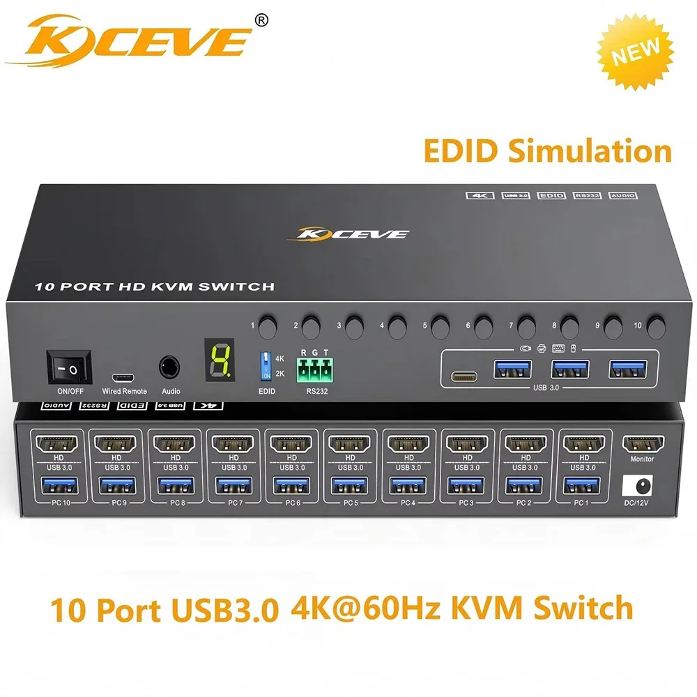 Przełącznik KVM USB 3.0 z 10 portami, 4K@60Hz, symulacja EDID, przełącznik KVM dla 10 komputerów udostępniających 1 monitor i 4 urządzenia USB z funkcją audio RS232