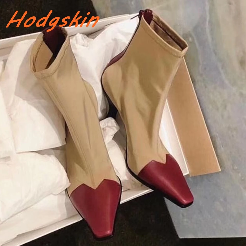 Gemengde Kleuren Sok Laarzen Puntige Neus Rits Stiletto Hakken Stretch Laarzen Nieuwste Klassieke Casual Mode Mid Calf Vrouwen Laarzen