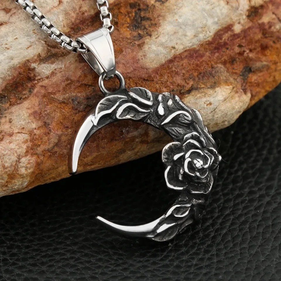 Gothic Vintage Crescent Moon Rose Pendant For Men Women Fashion Punk Stainless Steel Flower Necklace Couple Jewelry Wholesale