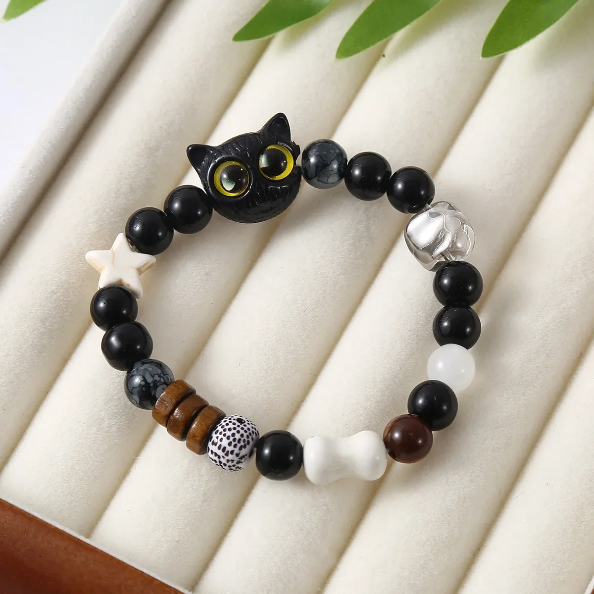 Cute Black Cat Blue Yellow Eyes Beaded Woven Bracelet for Men Women Kitten Bone Star Charm Bracelet DIY Trendy Accessories Gifts