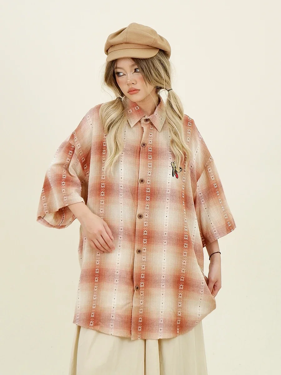 Puppy Plaid Short-sleeved Shirt Women 2024 Summer New Loose Bf American College Style Couple Top