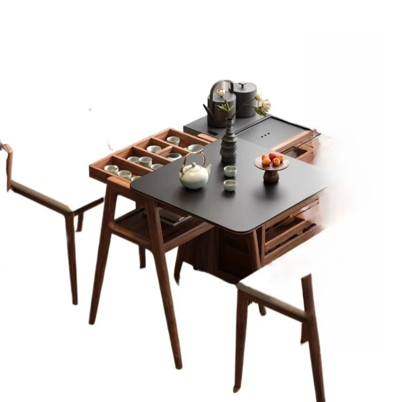 Solid wood tea table small apartment balcony tea table, small apartment can store leisure table and chair combination