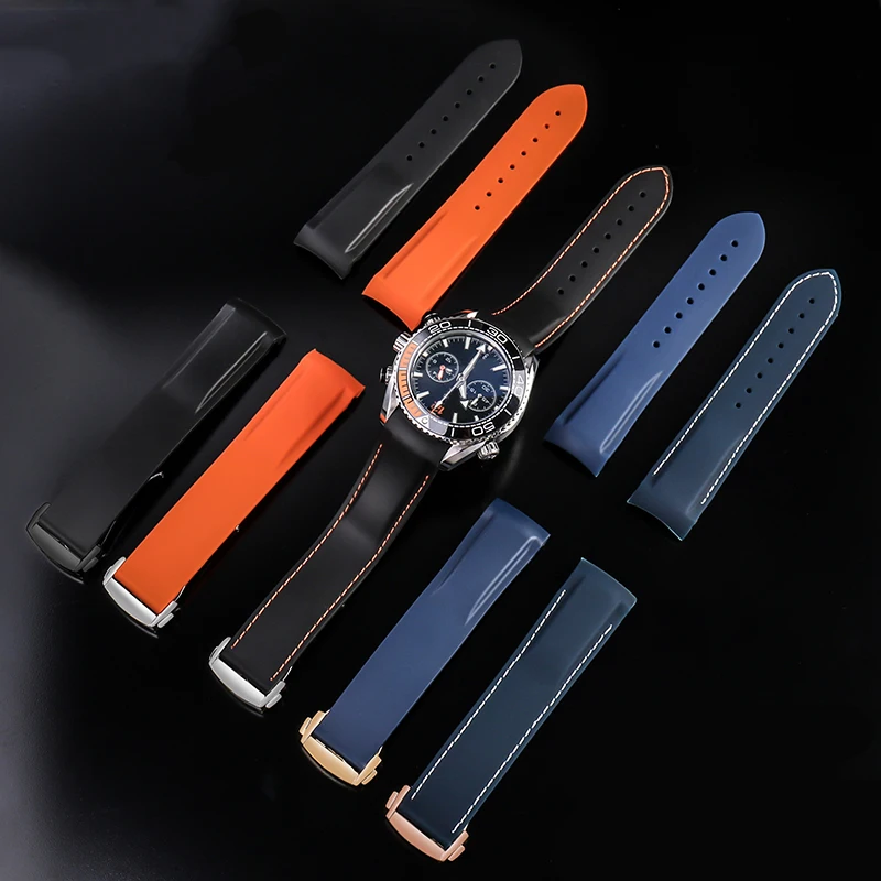 Rubber Silicone Watch Band For Omega Seamaster 300 Speedmaster Curved End Waterproof Strap Watchband Blue Black Orange 20mm 22mm