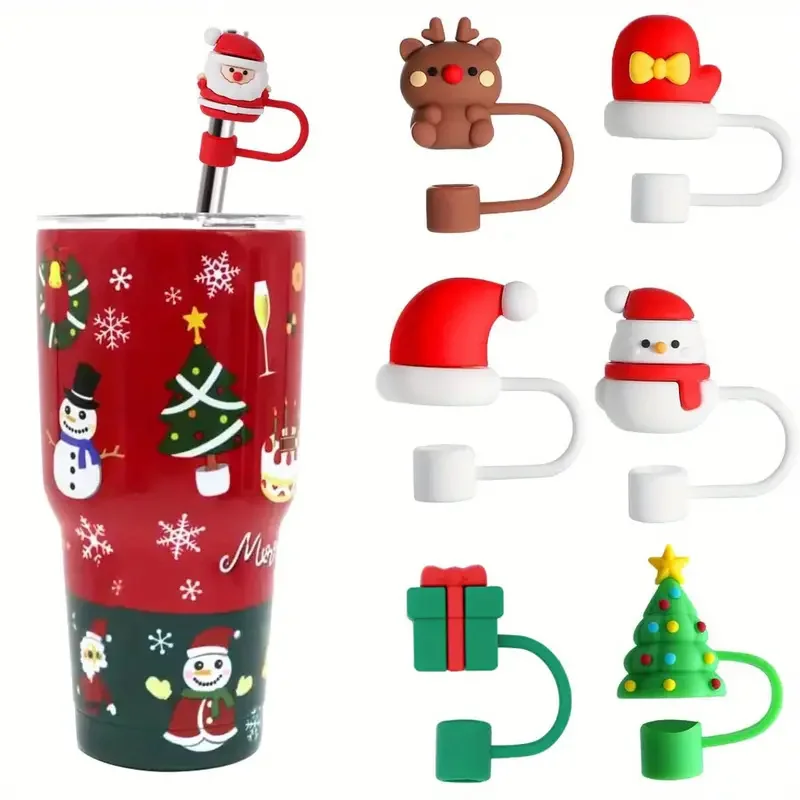 

New Christmas Rubber Christmas Straw Toppers with Handle Dust-Proof Reusable Xmas Straw Covers for Water Cup Xmas Party Gifts