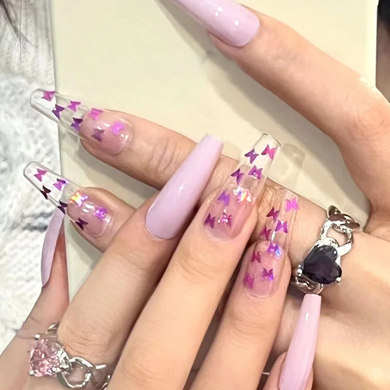 

24pcs Purple Transparent Long False Nails Butterfly Sticker Design Fake Nails Art Full Coverage Removable Faux Press on Nail