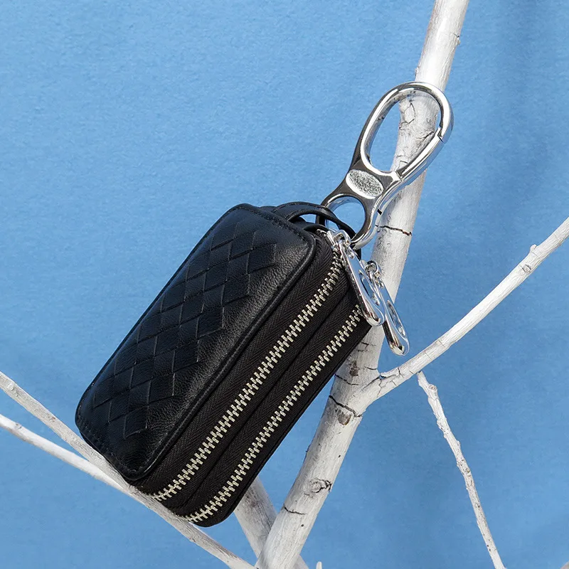 Genuine Leather Key Wallets Men Simple Car Key Pouch Knitting Housekeeper Holder Ladies Sheepskin Leather Double Zipper Key Case