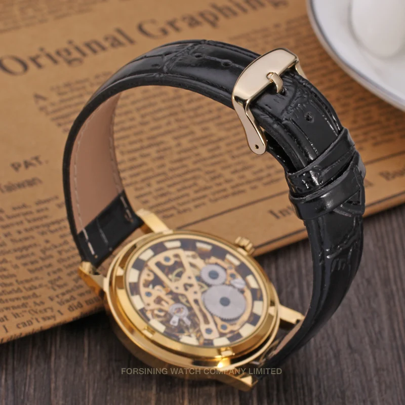 Luxury Brand New Style Golden Skeleton Watches Men Black Leather Strap Mechanical Hand Wind Wristwatches Nice Gift