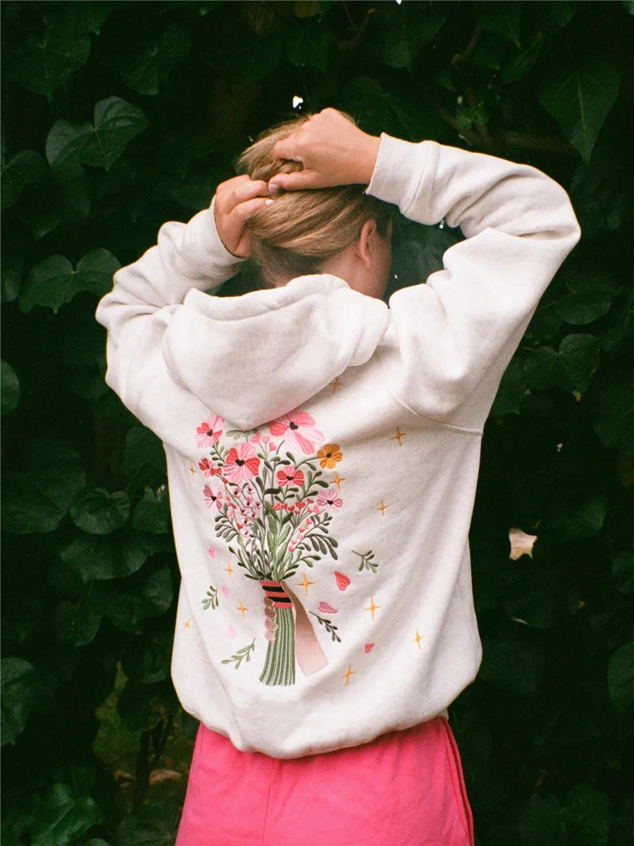 Women Zip Up Hooded Hoodies Spring Fall Casual Loose Long Sleeve Floral Embroidered Sweatshirts with Pockets Oversized Coat Y2K