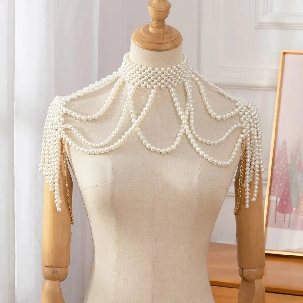 Handmade Beaded Pearl Shoulder Chain Hollow Tassel Imitation Pearl Pearl Shawl Necklace Layered Two Sides Tassel Fringe