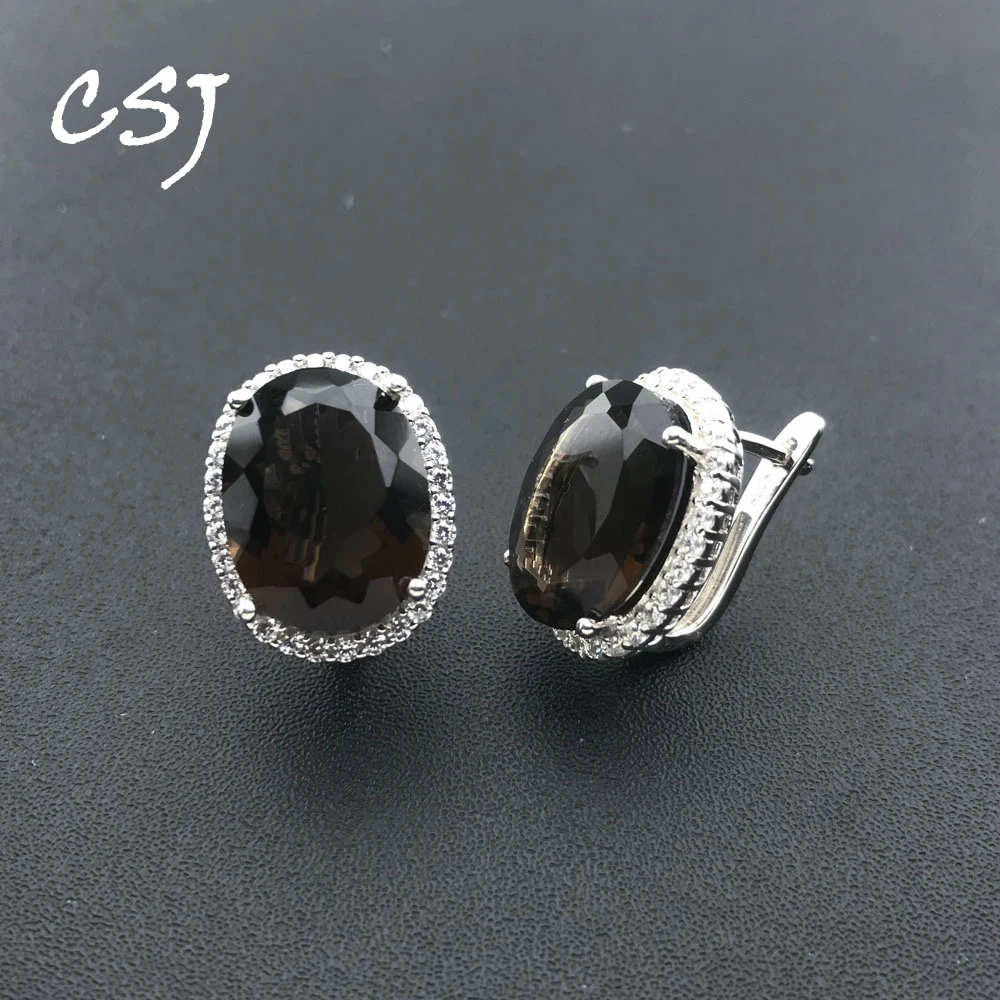 

CSJ Natural Smoky Quartz Earrings Sterling 925 Silver Aquamarine Ametrine Citrine Amethyst Oval12*16mm for Women Party Cute Gift