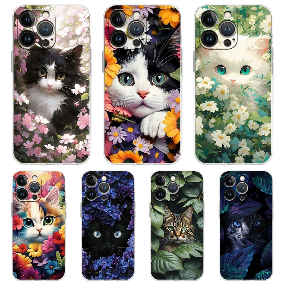 For iPhone 15 16 14 13 12 mini 11 Pro Max XS X XR SE 7 8 Plus Silicone Clear Cover Cute Detection cat Luxury Phone Case