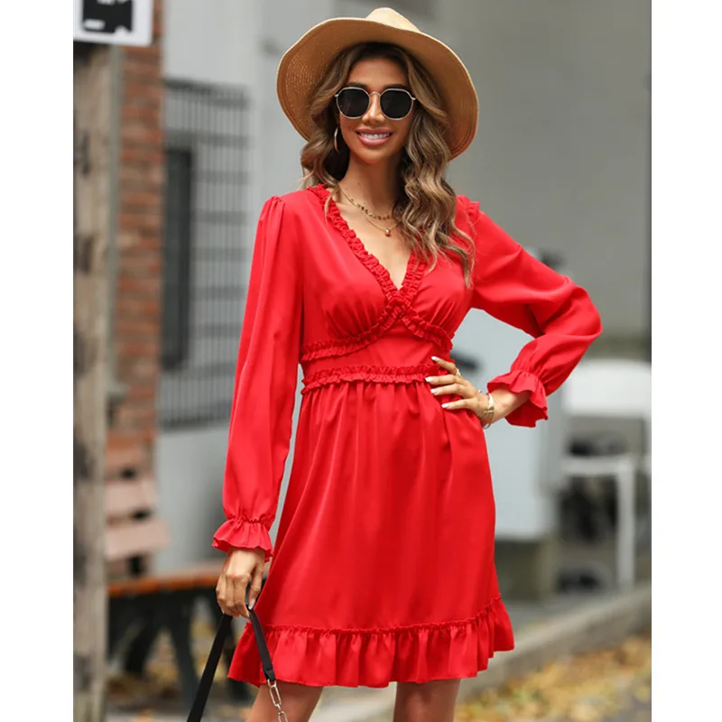 

Ruffled Ladies Casual Dress V-neck Women High Waist Elegant Long Sleeve A-line Dresses Solid Color Autumn Fashion Slim Fit Dress