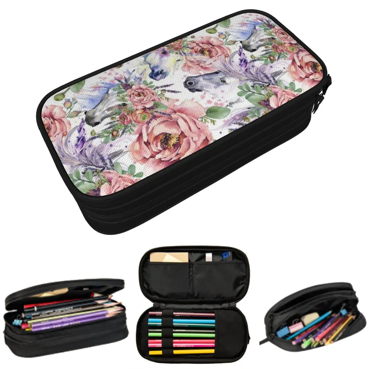 

Equestrian Pastel Floral And Horse Pattern Pencil Case for Studen Gifts Pen Box Pencil Bag Stationery Supplies Pen Holder Bag