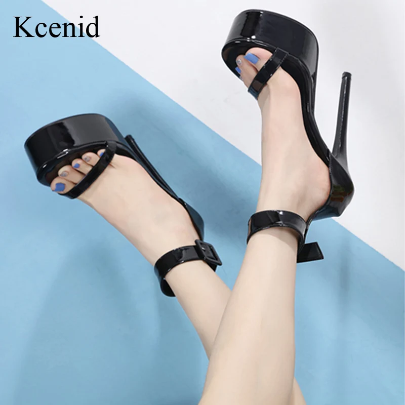 

Kcenid Patent Leather Ankle Strap Shoes Women 16CM High Heels Platform Sandals Sexy Open Toe Party Nightclub Pole Dance Shoes