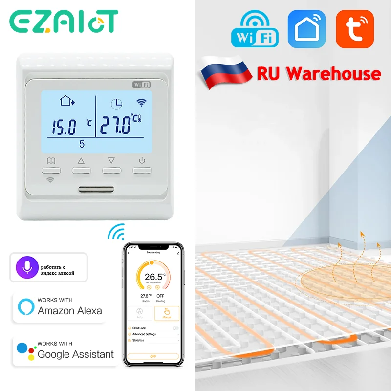 Tuya-Smart Floor Heating Thermostat, WiFi, Controlador de Temperatura Inteligente, Controle Remoto APP, Aquecimento Elétrico, Água, Caldeira a Gás, Google